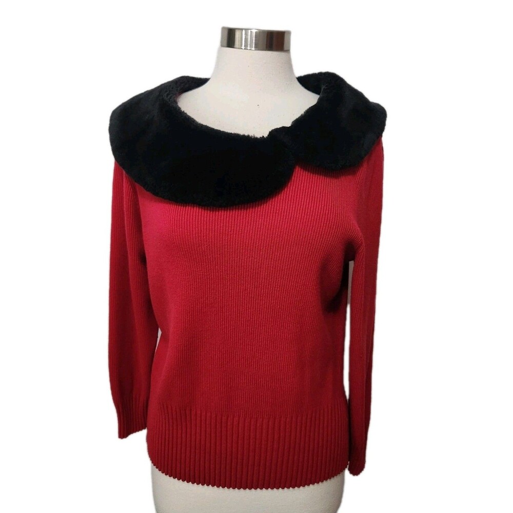 Apt 9 Womens Red Sweater 2X Faux Fur Collar Long Sleeve